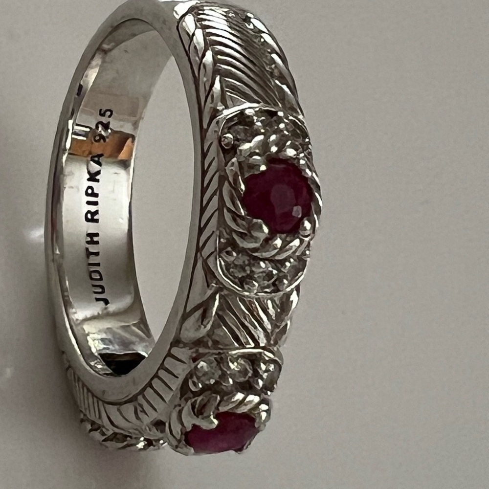 Judith Ripka 925 Sterling Silver 3 Stone Ruby Stacking Ring - Picture 12 of 14